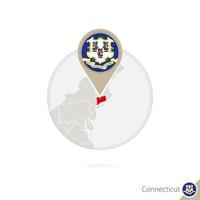 Connecticut US State map and flag in circle. Map of Connecticut, Connecticut flag pin. Map of Connecticut in the style of the globe.