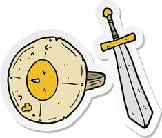 sticker of a cartoon shield and sword vector