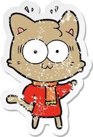 distressed sticker of a cartoon surprised cat wearing warm winter clothes vector