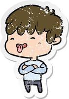 distressed sticker of a cartoon boy sticking out tongue vector