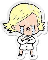 distressed sticker of a cartoon girl crying vector