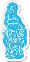 cartoon distressed sticker of a weird bald spaceman wearing santa hat vector