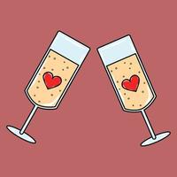 Two glasses with champagne and red hearts vector