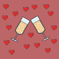 Two glasses with champagne and red hearts vector