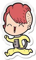 sticker of a cartoon happy hipster girl wearing space suit vector