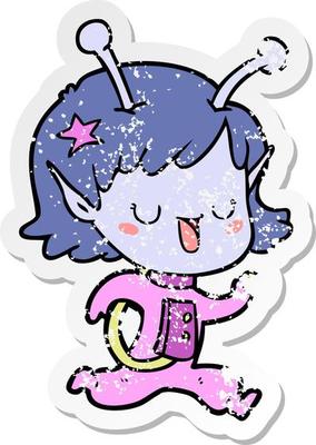 distressed sticker of a happy alien girl cartoon