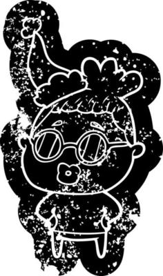 cartoon distressed icon of a librarian woman wearing spectacles wearing santa hat