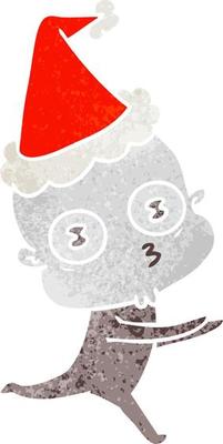 retro cartoon of a weird bald spaceman running wearing santa hat