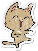 distressed sticker of a happy cartoon cat meowing vector