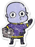 distressed sticker of a waving weird bald spaceman vector