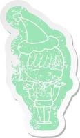 cartoon distressed sticker of a woman wearing santa hat vector