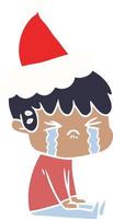 flat color illustration of a boy crying wearing santa hat vector