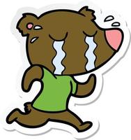 sticker of a cartoon crying bear running vector