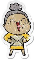 distressed sticker of a cartoon happy old woman vector