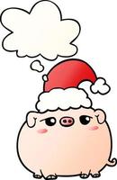 cartoon pig wearing christmas hat and thought bubble in smooth gradient style vector