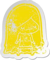 distressed old sticker of a cute kawaii girl vector