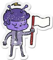 distressed sticker of a friendly cartoon spaceman with white flag vector