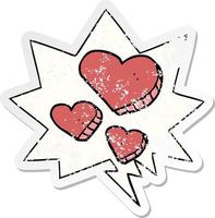 cartoon love hearts and speech bubble distressed sticker vector