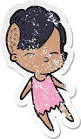 distressed sticker of a cartoon squinting girl vector