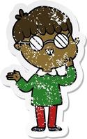 distressed sticker of a cartoon boy wearing spectacles vector