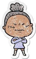 distressed sticker of a cartoon annoyed old lady vector