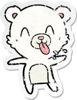 distressed sticker of a rude cartoon polar bear sticking out tongue vector