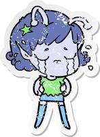 distressed sticker of a cartoon crying alien girl vector