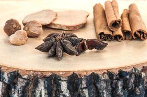 Dry spices on wooden chopping block photo