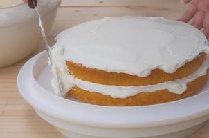 Putting butter  cream cake by hand using spatula photo