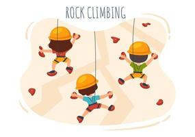 escalada en roca con escalador niños lindos sube la pared en la ilustración de dibujos animados plana de fondo vector