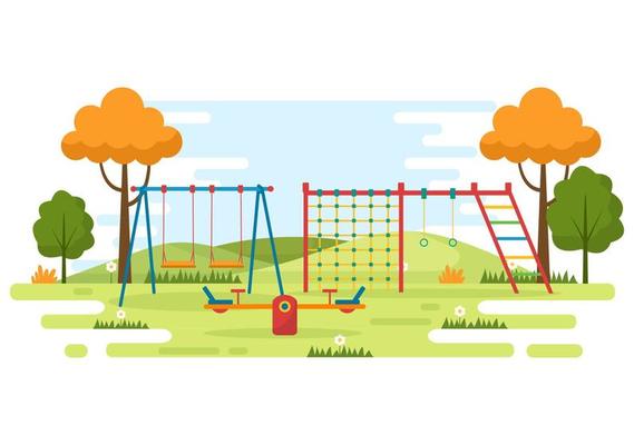 Children Playground with Swings, Slide, Climbing Ladders and More in the Amusement Park for Little Ones to Play in Flat Cartoon Illustration