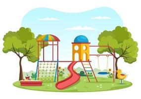 parque infantil con columpios, tobogán, escaleras de escalada y más en el parque de atracciones para que los más pequeños jueguen en dibujos animados planos vector