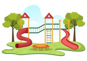 parque infantil con columpios, tobogán, escaleras de escalada y más en el parque de atracciones para que los más pequeños jueguen en dibujos animados planos vector