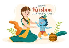 feliz festival krishna janmashtami de la india con bansuri y flauta, dahi handi y pluma de pavo real en una linda ilustración de fondo de caricatura plana vector