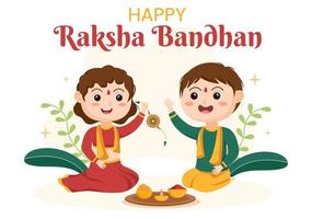 Happy Raksha Bandhan Cartoon Illustration with Sister Tying Rakhi on Her Brothers Wrist to Signify Bond of Love in Indian Festival Celebration