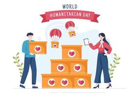 día humanitario mundial con celebración mundial de ayudar a las personas, trabajar juntos, caridad, donación y voluntariado en ilustración de dibujos animados planos vector