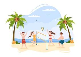 jugador de voleibol de playa en el ataque para la serie de competición deportiva al aire libre en ilustración de dibujos animados planos vector