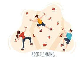 escalada en roca con escalador sube la pared de deportistas extremos y deportistas en ilustración de fondo de dibujos animados planos vector