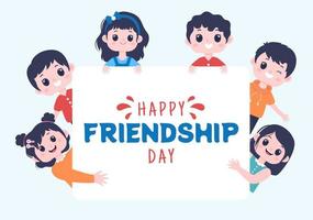 Happy Friendship Day Cute Cartoon Illustration with Young Boys and Girls of Hugging Together or Putting Their Hands in Flat Style vector