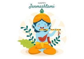 feliz festival krishna janmashtami de la india con bansuri y flauta, dahi handi y pluma de pavo real en una linda ilustración de fondo de caricatura plana vector