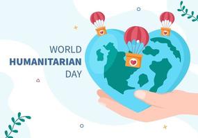 World Humanitarian Day with Global Celebration of Helping People, Work Together, Charity, Donation and Volunteer in Flat Cartoon Illustration vector