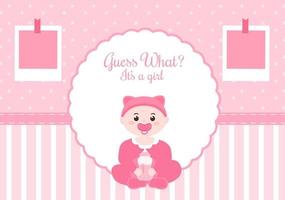 foto de nacimiento es una niña con una imagen de bebé y una ilustración de dibujos animados de fondo de color rosa para tarjeta de felicitación o letrero vector
