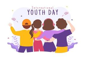 Happy International Youth Day Cute Cartoon Illustration with Young Boys and Girls For Campaign in Flat Style Background vector