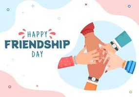 Happy Friendship Day Cute Cartoon Illustration with Young Boys and Girls of Hugging Together or Putting Their Hands in Flat Style vector