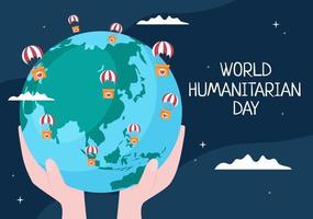 día humanitario mundial con celebración mundial de ayudar a las personas, trabajar juntos, caridad, donación y voluntariado en ilustración de dibujos animados planos vector