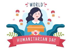 día humanitario mundial con celebración mundial de ayudar a las personas, trabajar juntos, caridad, donación y voluntariado en ilustración de dibujos animados planos vector