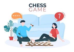 ilustración de fondo de dibujos animados del juego de tablero de ajedrez con dos personas sentadas una frente a la otra y jugando para la actividad de pasatiempo en estilo plano vector