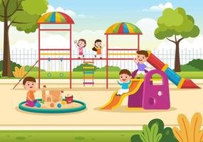 parque infantil con columpios, tobogán, escaleras de escalada y más en el parque de atracciones para que los más pequeños jueguen en dibujos animados planos vector