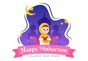 Islamic New Year Day or 1 Muharram Vector Background Illustration of Muslim Family Celebrating Can be use for Greeting Card or Invitation