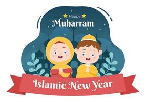 Islamic New Year Day or 1 Muharram Vector Background Illustration of Muslim Family Celebrating Can be use for Greeting Card or Invitation